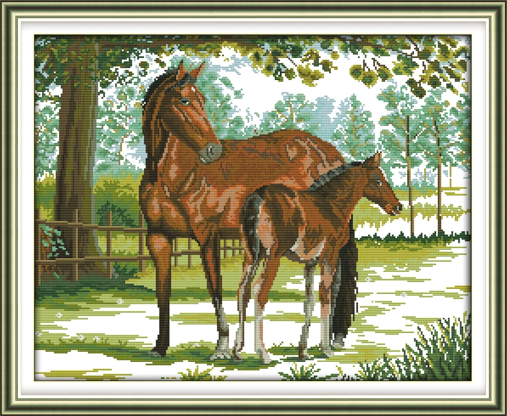 

Комплект для вышивки крестиком Joy Sunday с предварительной печатью, простой узор, Набор для вышивки тканью с печатью Aida-мать и сын с лошадью