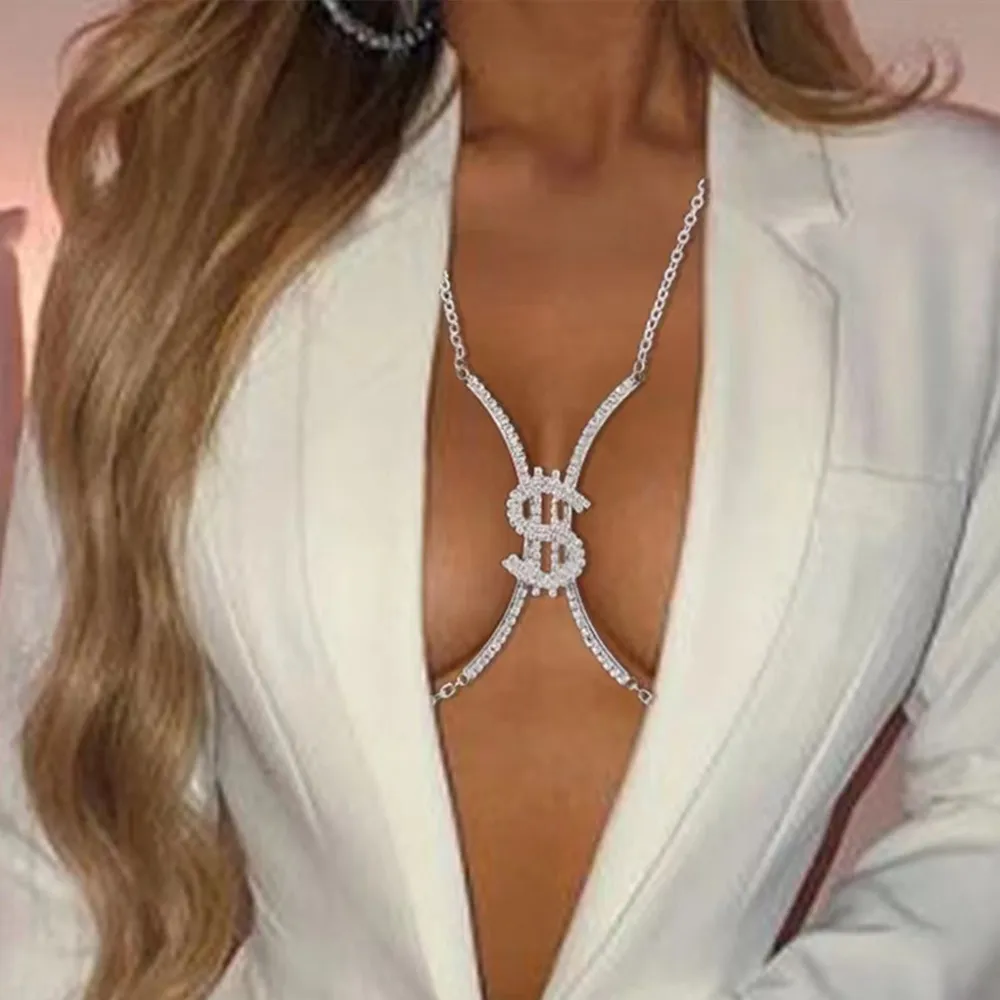 

Fashion shiny crystal dollar sign breast chain bracket bra body jewelry women's luxury Rhinestone bikini body Qian bra Necklace
