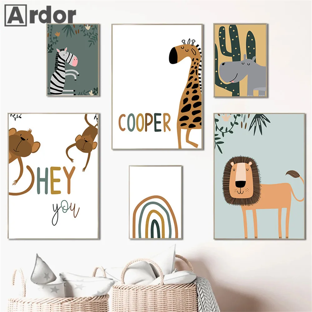 

Lion Zebra Giraffe Canvas Poster Custom Name Print Pictures Nursery Art Painting Hippo Monkey Wall Art Posters Kids Room Decor