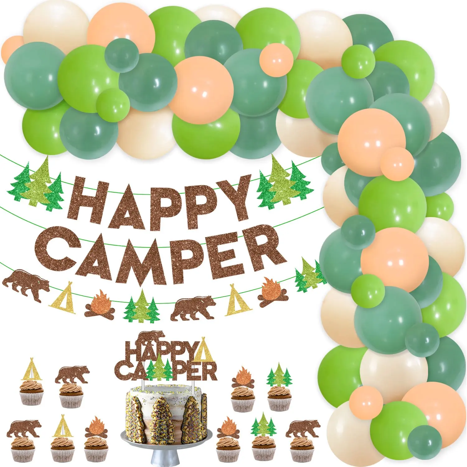 

Camping Party Decorations Green Apricot Balloons Arch Kit Happy Camper Banner Cake Topper for Forest Adventure Birthday Supplies