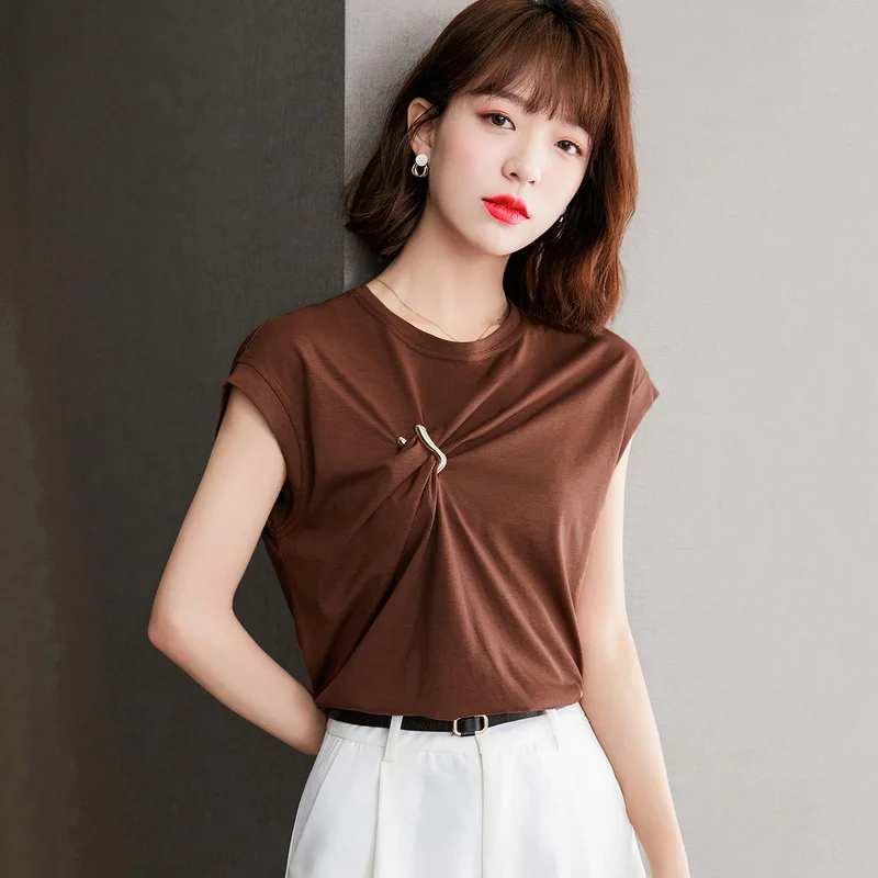 

Cotton Women's T-shirt Summer Slim Fit Folds Top Short Sleeve New 2022 O-Neck Casual Tees Fashion Korean Style Female Clothes