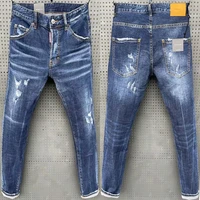 new mens jeans slim patch elastic blue tight beggar pants spring and autumn high street denim jeans