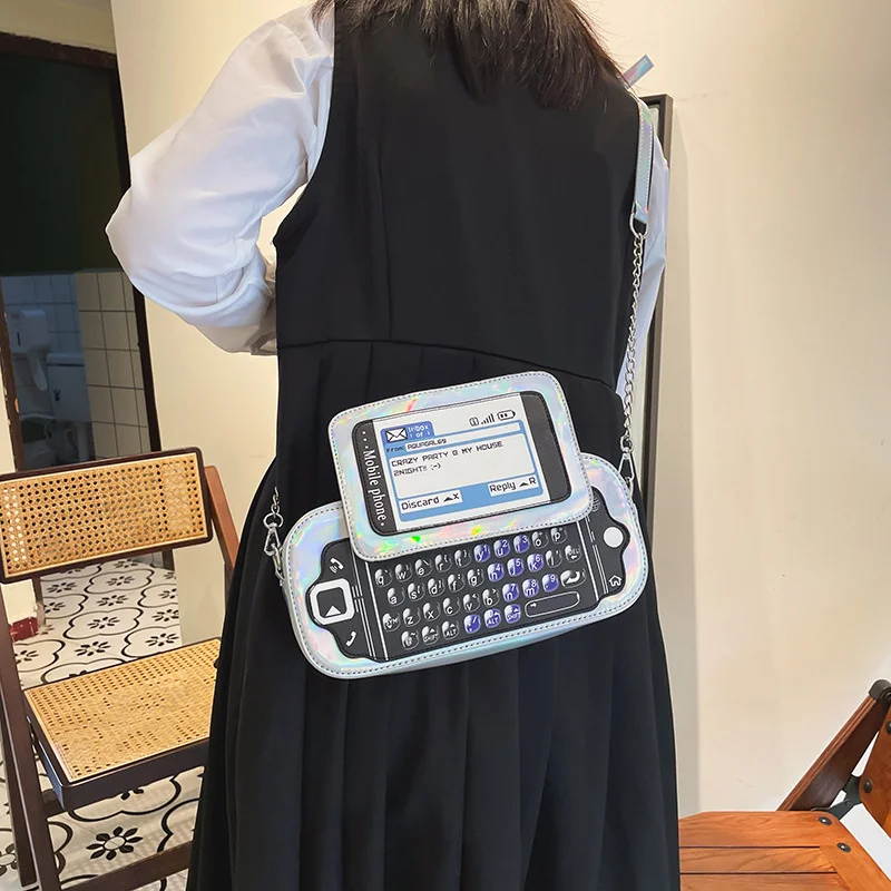 

New fashion creativity spoof fun simulation full keyboard telephone mobile phone laser Pu messenger bag female