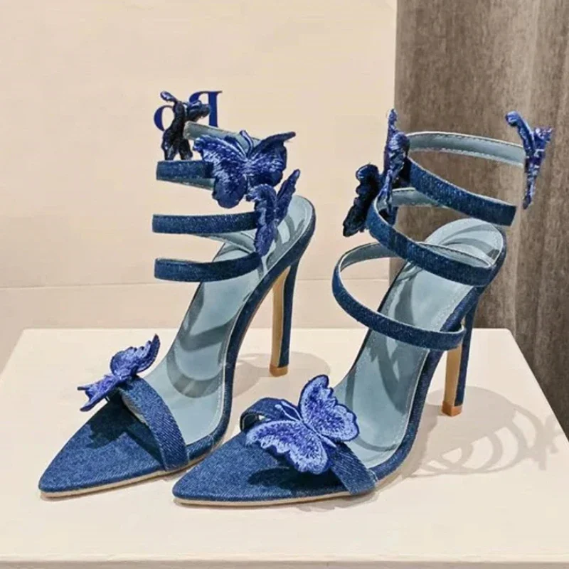 

Butterfly Ankle Strap Sandals Women Summer 2024 New Sexy Party Dress Shoes Cowboy Designer Shoes Denim High Heels Ladies Pumps