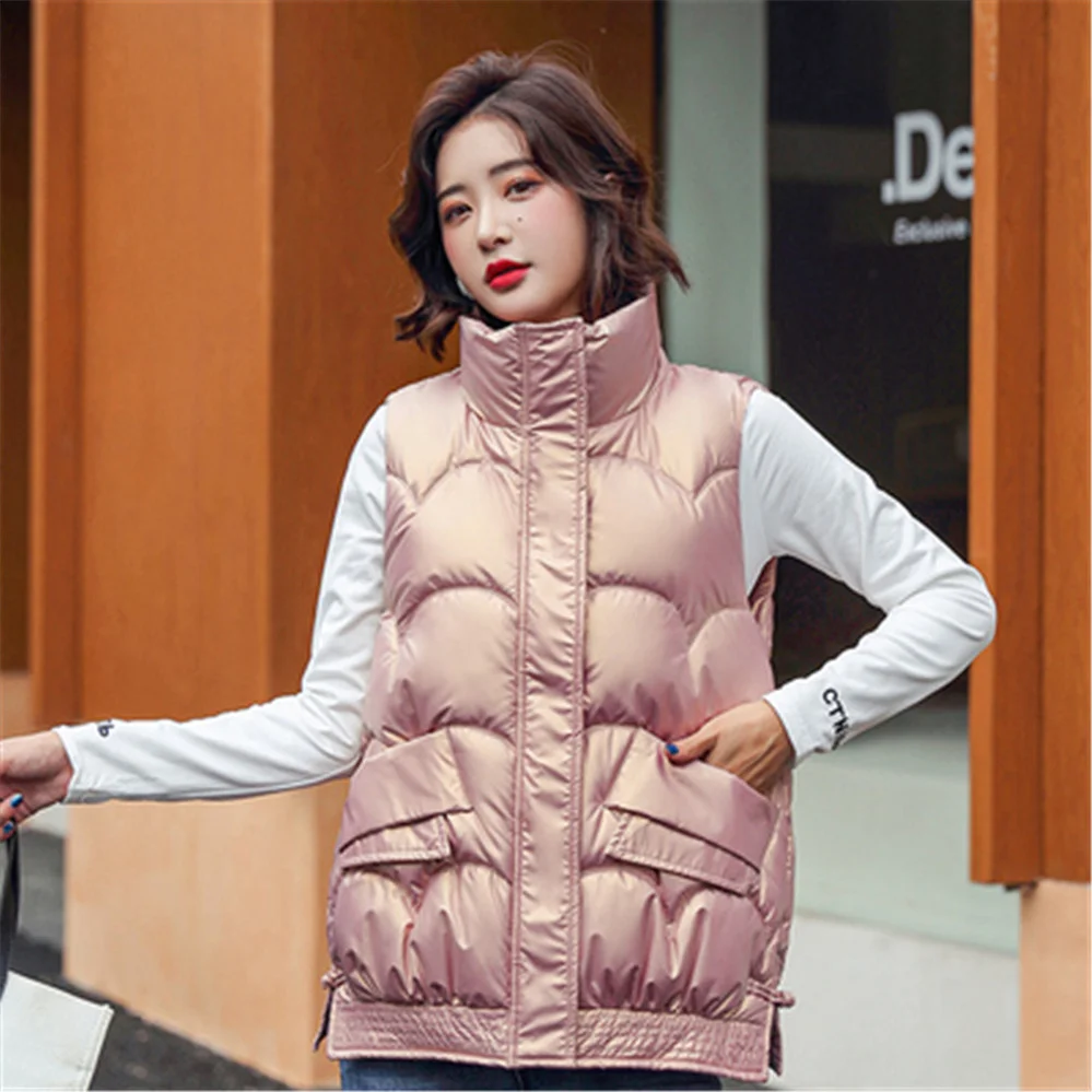 

Korean Short Stand Collar Gloosy Vest Parka Casual Winter Jacket Women 2023 New Sleeveless Streetwear Ladies Zipper Parka Coat
