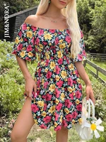 jim nora sexy off shoulder summer beach dress women fashion floral printed tunic mini dresses casual holiday party picnic hot