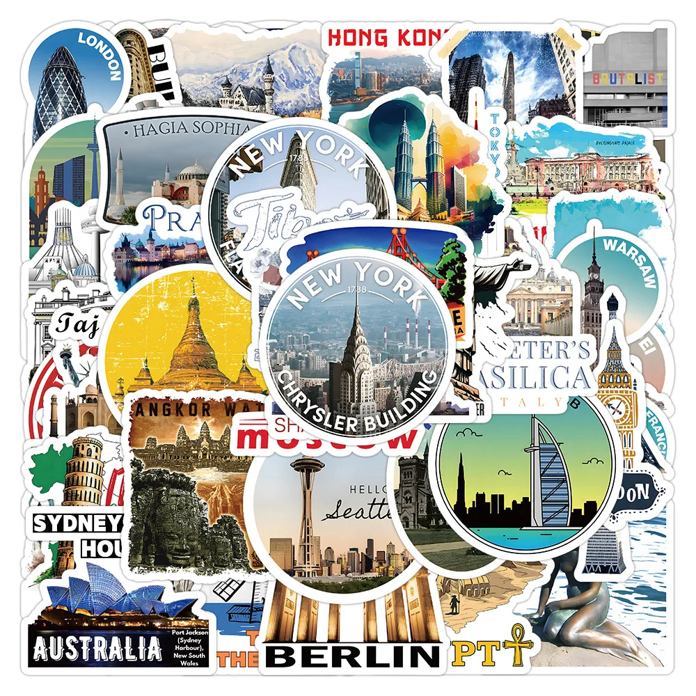 

10/30/52PCS World Famous Architecture Stickers Decoration Toy Collection Gift DIY Laptop Phone Wall Car PVC Sticker Wholesale