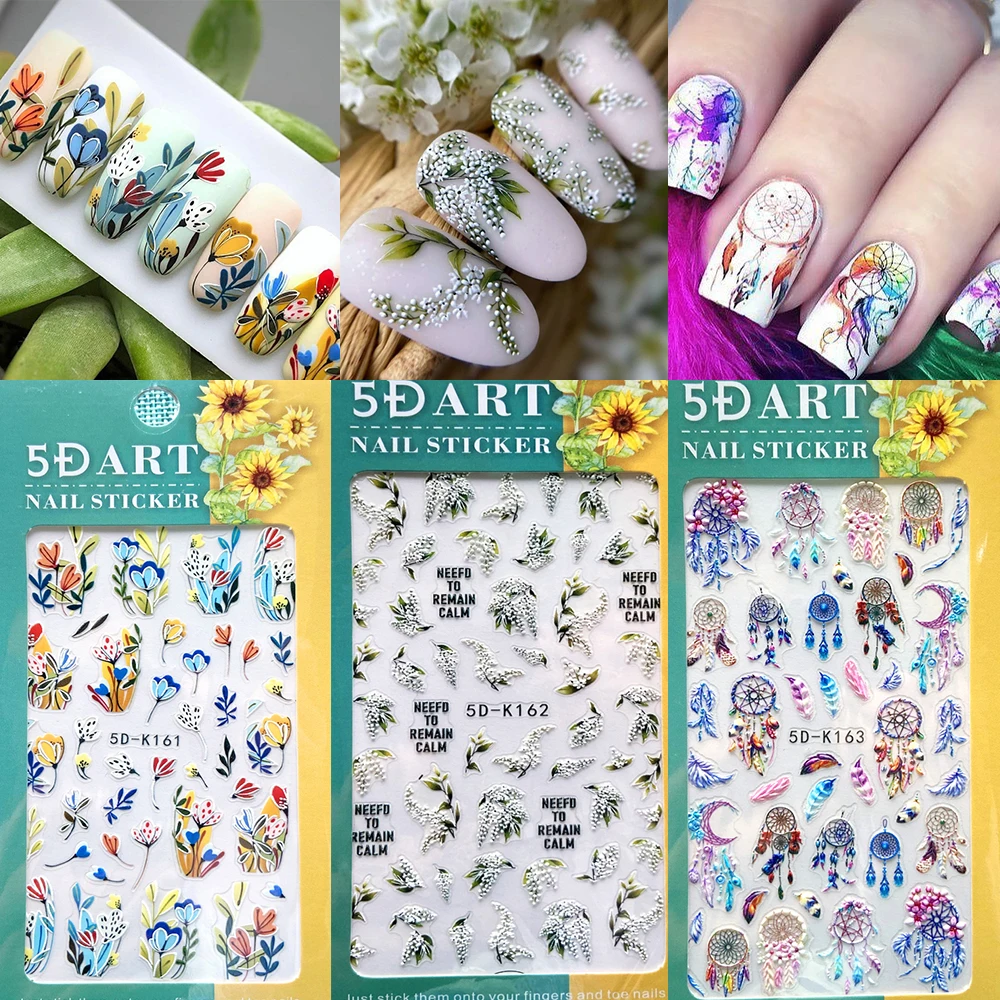 

1pc 5D Carved Flower Leaves Nail Art Stickers Dreamcatcher Plant Lace Totems Embossed Relief Adhesive Decals Manicure Accessorie