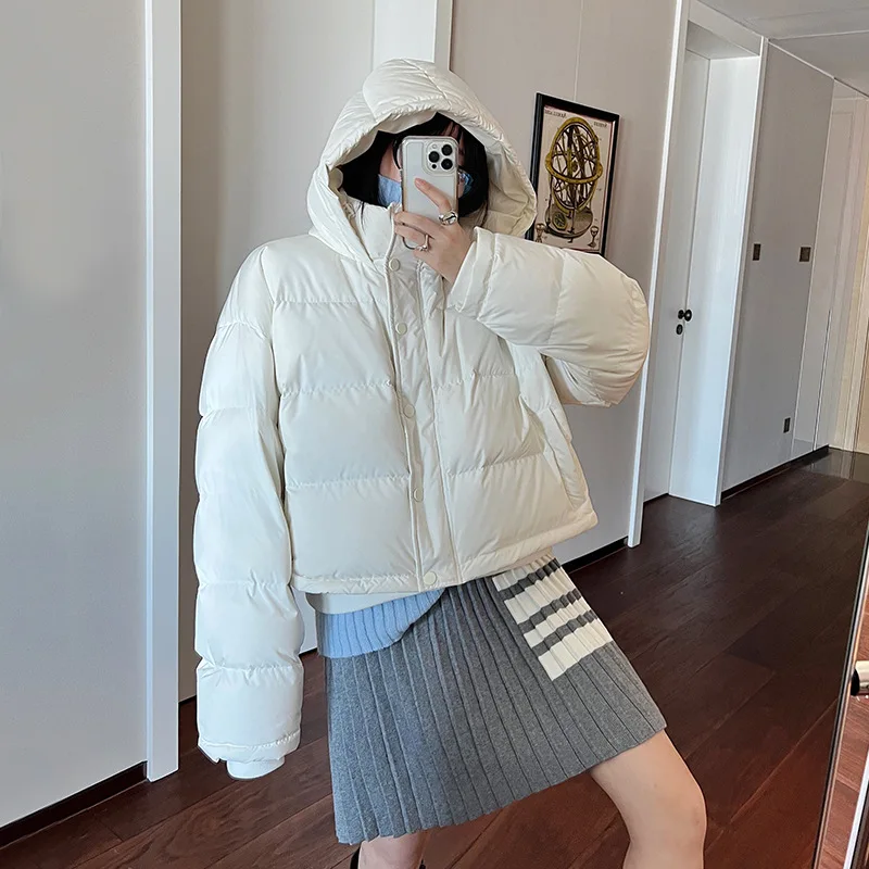 New Short Hooded Down Jacket Women's Winter Stand Collar Thickened Warm White Eiderdown Casual Single Breasted Coat Loose Jacket