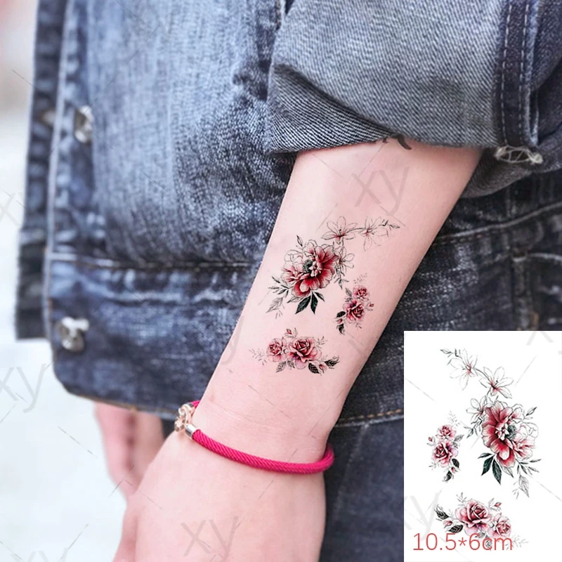 

Red Flower Temporary Tattoo Sticker Waterproof Body Art Butterfly Leaf Small Size Fake Tatto Flash Tatoo for Kids Women Men