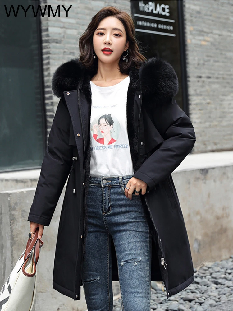 WYWMY Warm Winter Coat Women Parkas Long Plus Velvet Fur Hooded Clothing Fashion Loose Thick Warmth Down Cotton Jacket Feminina