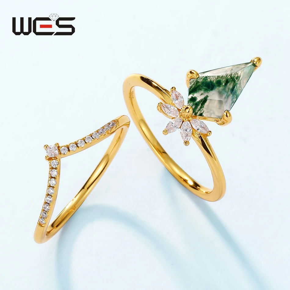 WES стерлингового серебра 925 пробы натуральный мох агат набор колец для женщин 7*12