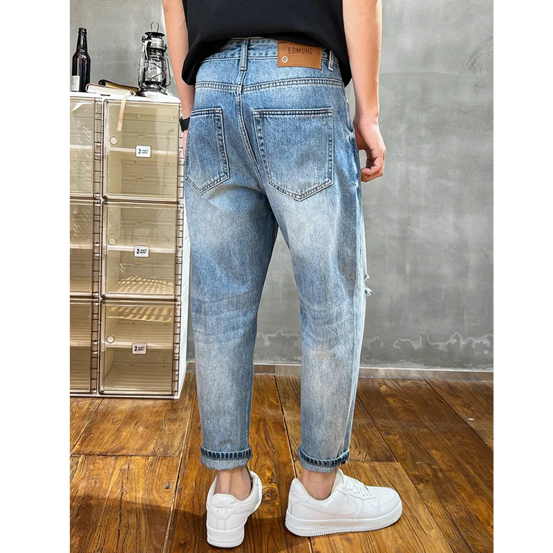 Streetwear Men 2022 New Pattern Recreational Black Ripped Ninth Pants Straight Cylinder Comfortable Loose Jeans Autumn Female