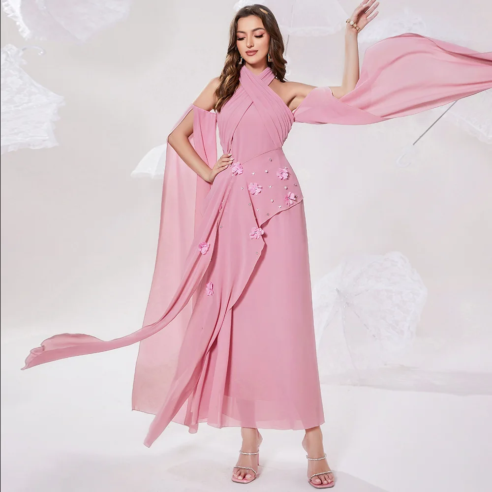 Flower Muslim Off Shoulder Sexy Arabic Dresses For Women 2022 Backless Halter Solid Color Abaya Dubai Long Soft Islamic Dress