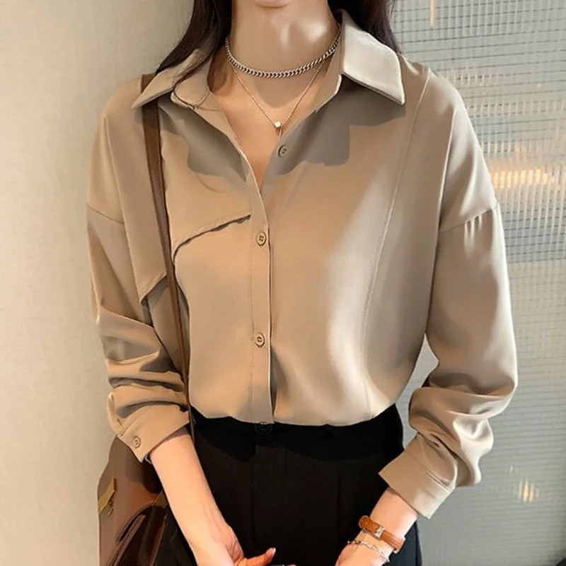 

Женская рубашка, Новинка весна-осень 2023, Свободный Топ с длинным рукавом и воротником-поло, элегантная французская однотонная блузка, женская мода