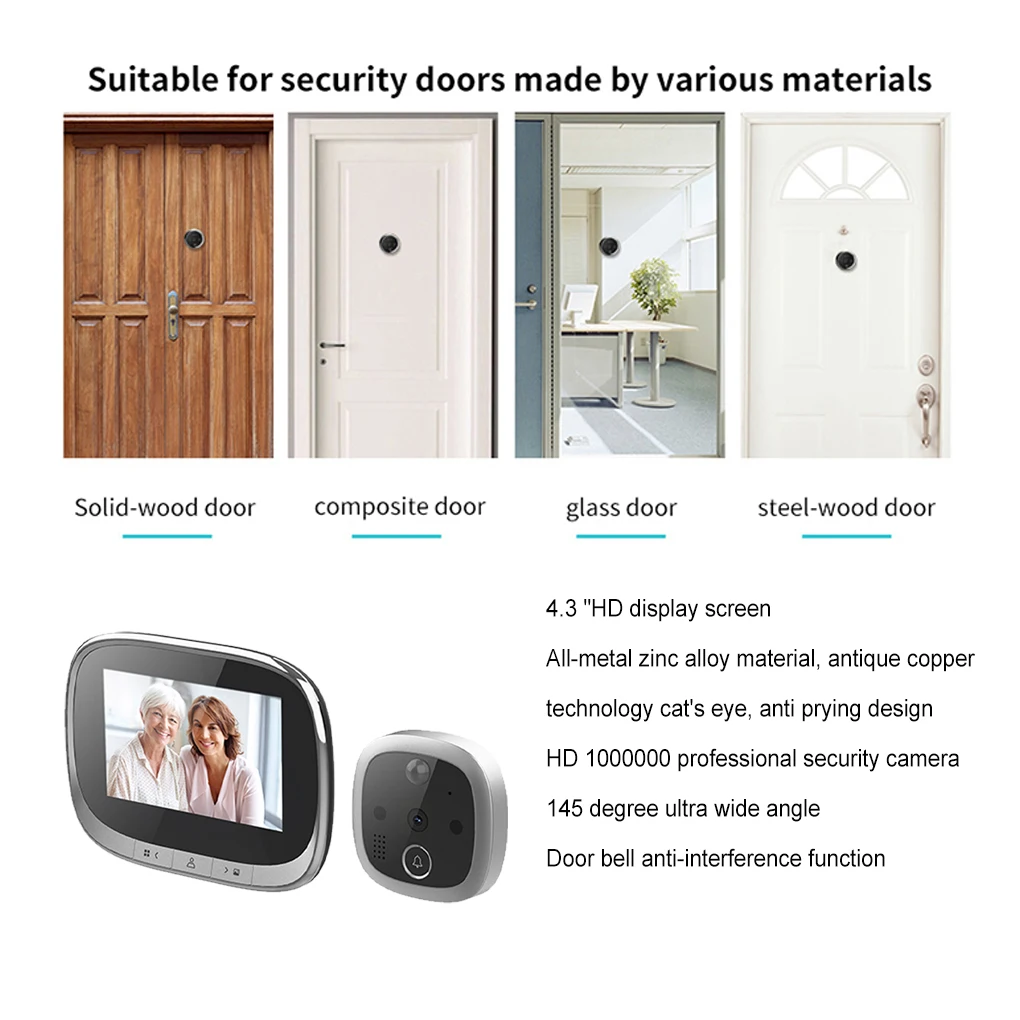 

4 3 Inch LCD Peephole Doorbell 120 Degree Viewer Camera Night Visions Record Ring Monitor Bell Action Detection