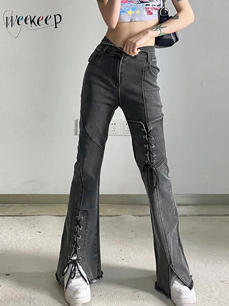 

Weekeep Chic Bandage y2k Jeans Low Rise Slim Casual Straight Leg Denim Cargo Pants Women Capris Harajuku Streetwear Trousers 90s