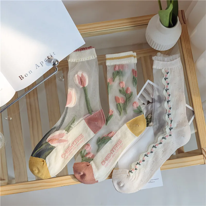 

New Summer Harajuku Women Crystal Transparent Socks Tulip Flower Ultrathin Glass Silk Socks Retro Flower Streetwear Long Socks