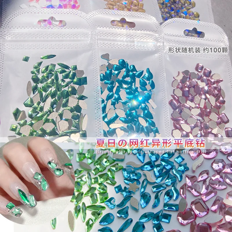 

100pcs Light Green Crystal Nail Rhinestones Charms Multi-Shapes Resin Drill Nail Decoration Flatback Rhinestone Nail Art Gems