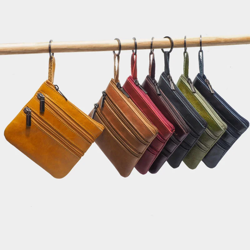 

Винтажный кошелек для мелочи из натуральной кожи для мужчин и женщин, кредитница с цепочкой для ключей, маленькая сумочка на молнии