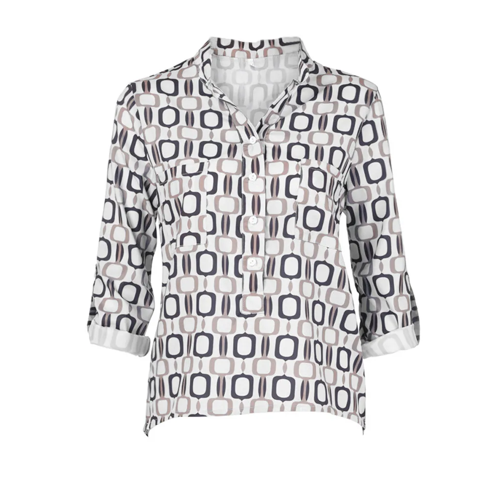 

Женская Свободная блузка с V-образным вырезом, длинным рукавом и геометрическим принтом, Шелковый топ на пуговицах, женские топы средней дли...