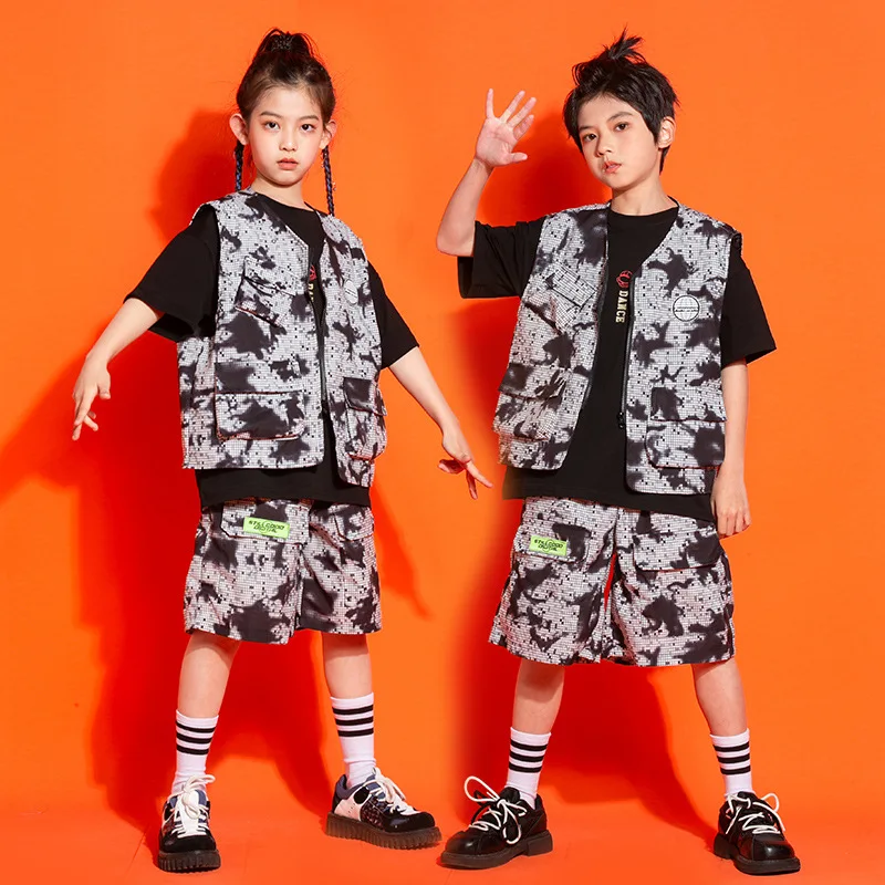 

Kids Boys Girls Streetwear Hip Hop Fashion Casual Vest Shorts Sets Children Tracksuit Teens Costumes Stage Show Dance Clothing