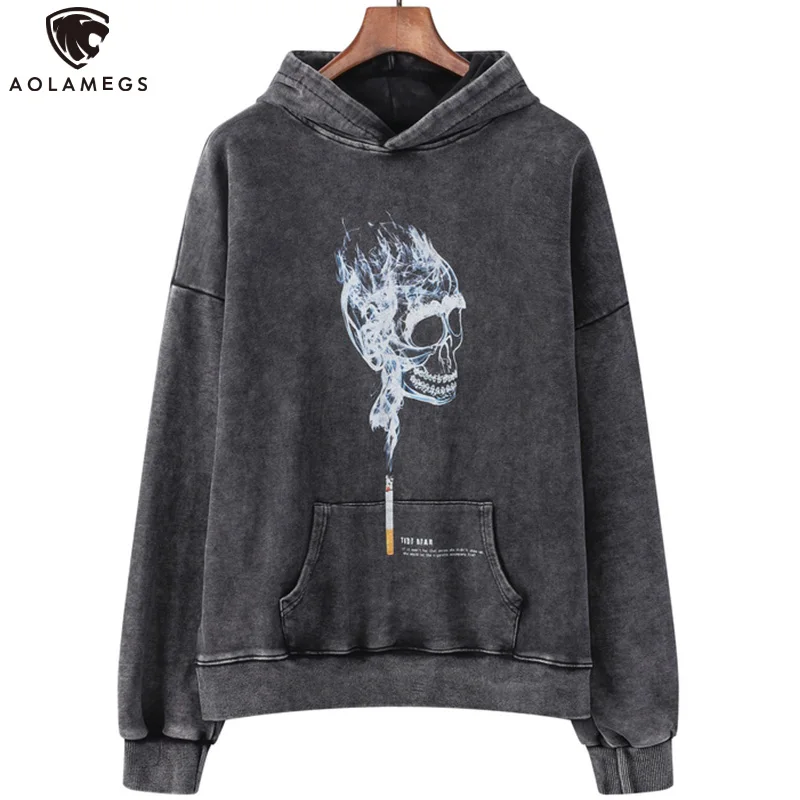 

Aolamegs Hoodie Hip Hop Men's Retro Tops Abstract Smoke skull Print Pullover Autumn Casual Oversized Unisex Fashion Streetwear