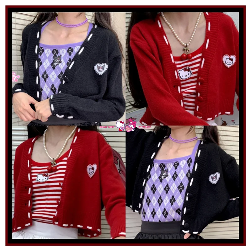 

Kawaii Мультфильм Sanrioed Kuromi Hellokittys Лолита вязаный свитер кардиган пальто милая осень зима теплая Повседневная куртка подарок для девочки