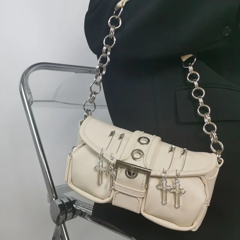 Xiuya Vintage Gothic Shoulder Bag Women 2021 Harajuku Punk Pin Cross Crossbody Bags Solid PU Leather Womens Handbag Pouch | Багаж и сумки