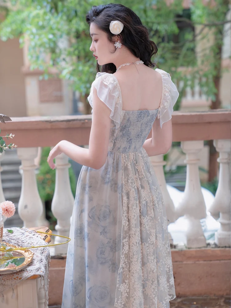 Женское винтажное платье с цветами Mori Girl летнее небесно-голубого цвета в стиле