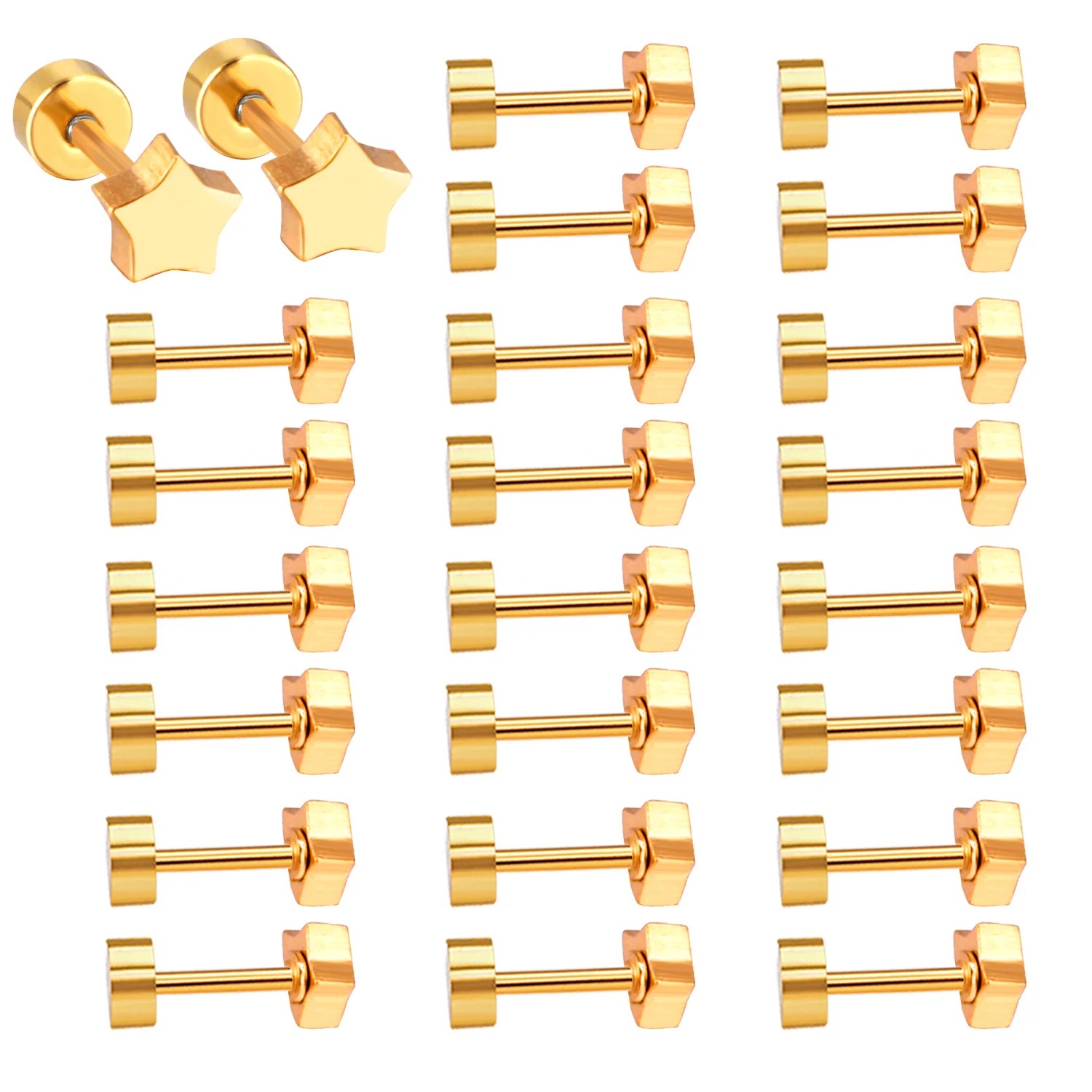 

LUXUKISSKIDS 12Pairs/Lot Wholesale Gold Color Stainless Steel Material Star Surgical Screw Studs Earring For Girls Woman Gifts