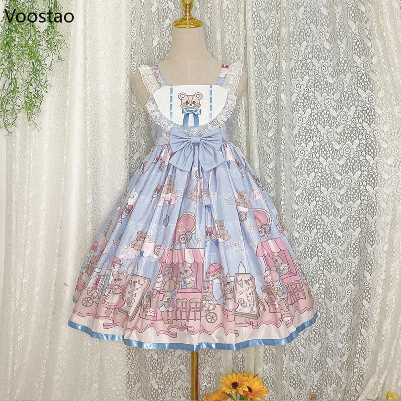 Japanese Cute Lolita Jsk Dress Girls Soft Bear Star Sweet Lace Ruffles Strap Dresses Women Kawaii Princess Y2k Party Vestidos