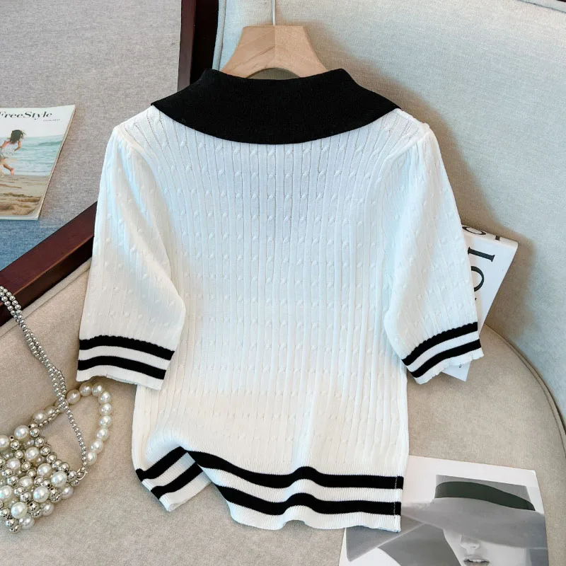 Летняя цветная Вязаная футболка с коротким рукавом и воротником-поло модный