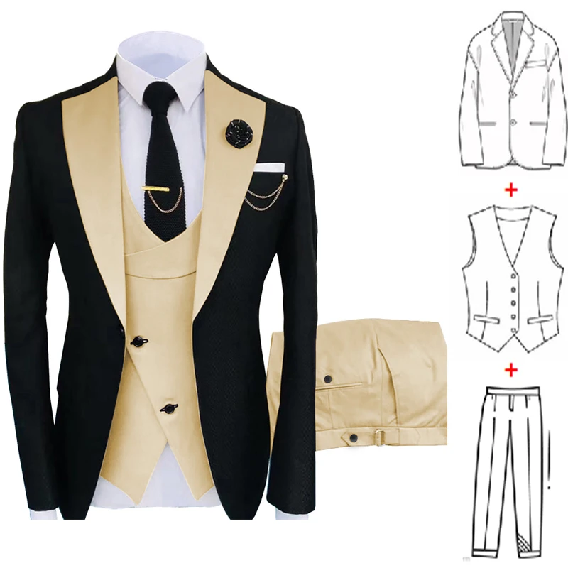 Two-Color 3 Pieces Suit for Men Tailor Made Best Man Groom Wedding Tuxedo Slim Fit Blazer Jacket Vest Pants Men's Clothing