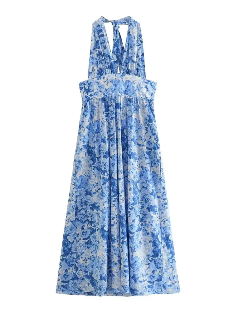 

Women 2023 New Summer Fashion Printed Midi Dress Vintage Backless Sleeveless Casual Chic Female Dresses Vestidos robe Mujer