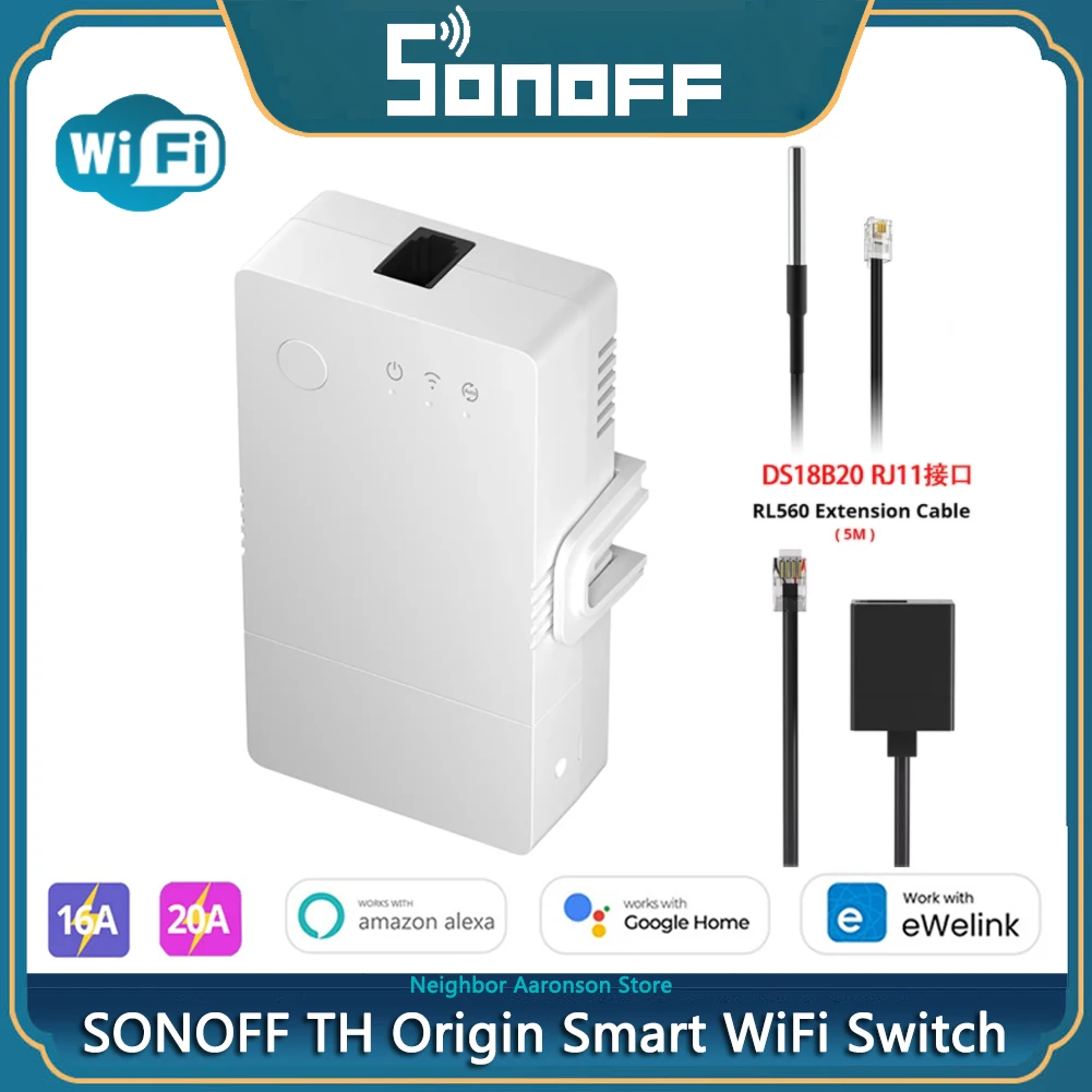 

SONOFF TH Origin WiFi Smart Switch 20A 16A eWelink Умный домашний контроль температуры и влажности через Alexa Google Assistant