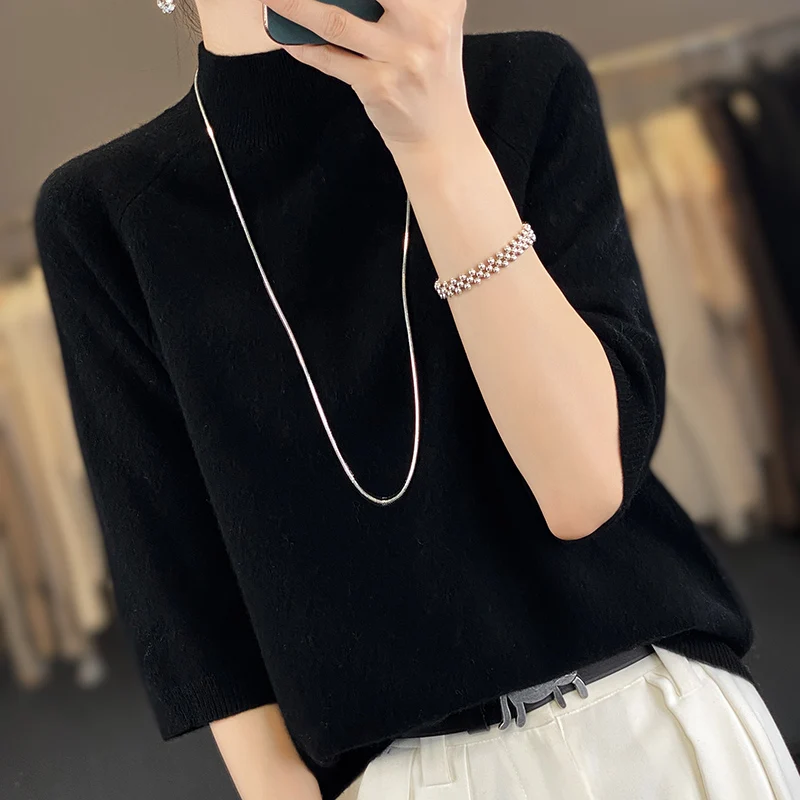 Лидер продаж Женский пуловер с полувысоким воротником свитер однотонный вязаный