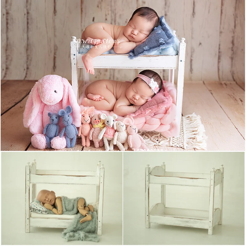 Dvotinst Newborn Photography Props for Baby Posing Double-layer Mini Wood Bed Twins Cribs Accessories Studio Shoots Photo Props