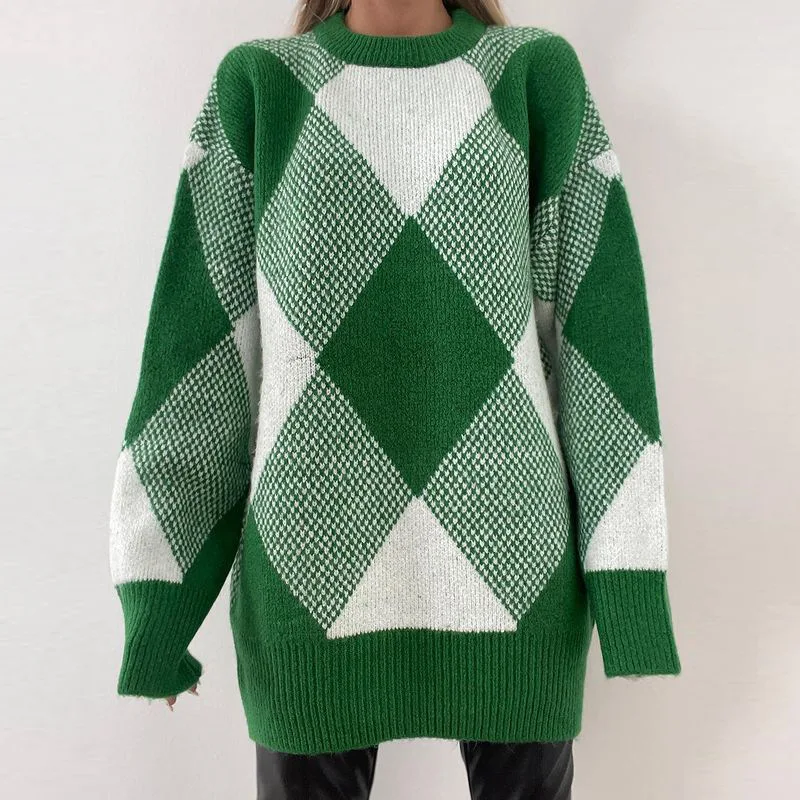 

2022 Half turtleneck jumper Loose diamond check sweater woman sweaters