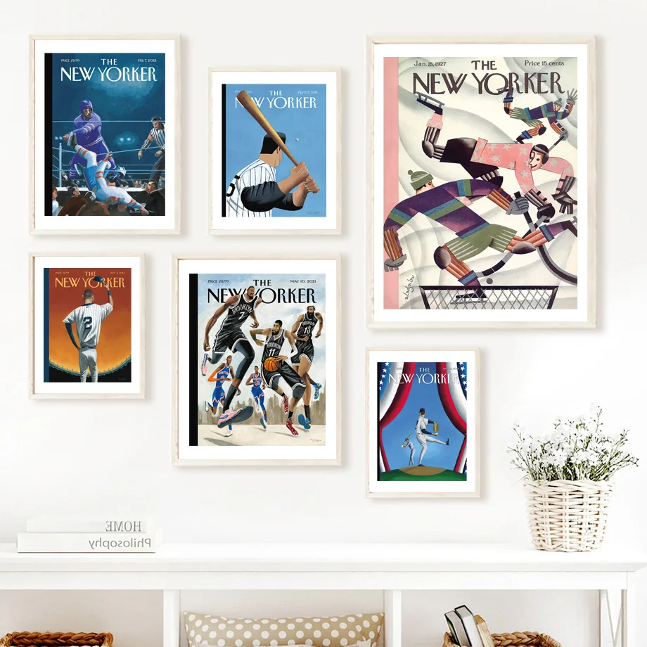 The New Yorker Обложка журнала Спорт Баскетбол Бейсбол настенное Искусство Холст