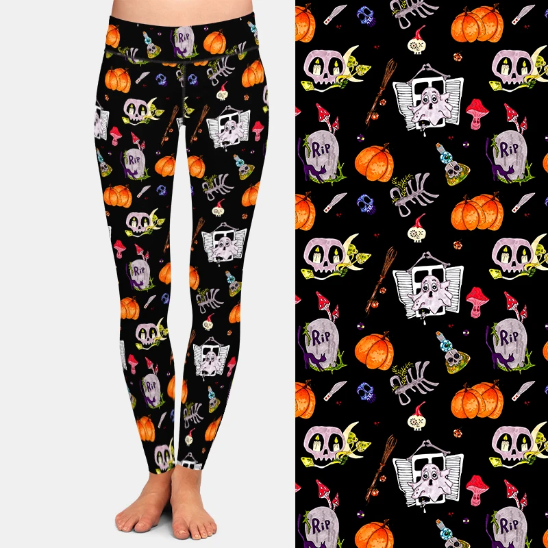 LETSFIND Fashion Happy Halloween Tombstones and Pumpkins Print Women Fitness Slim Legging New High Waist Soft Leggings