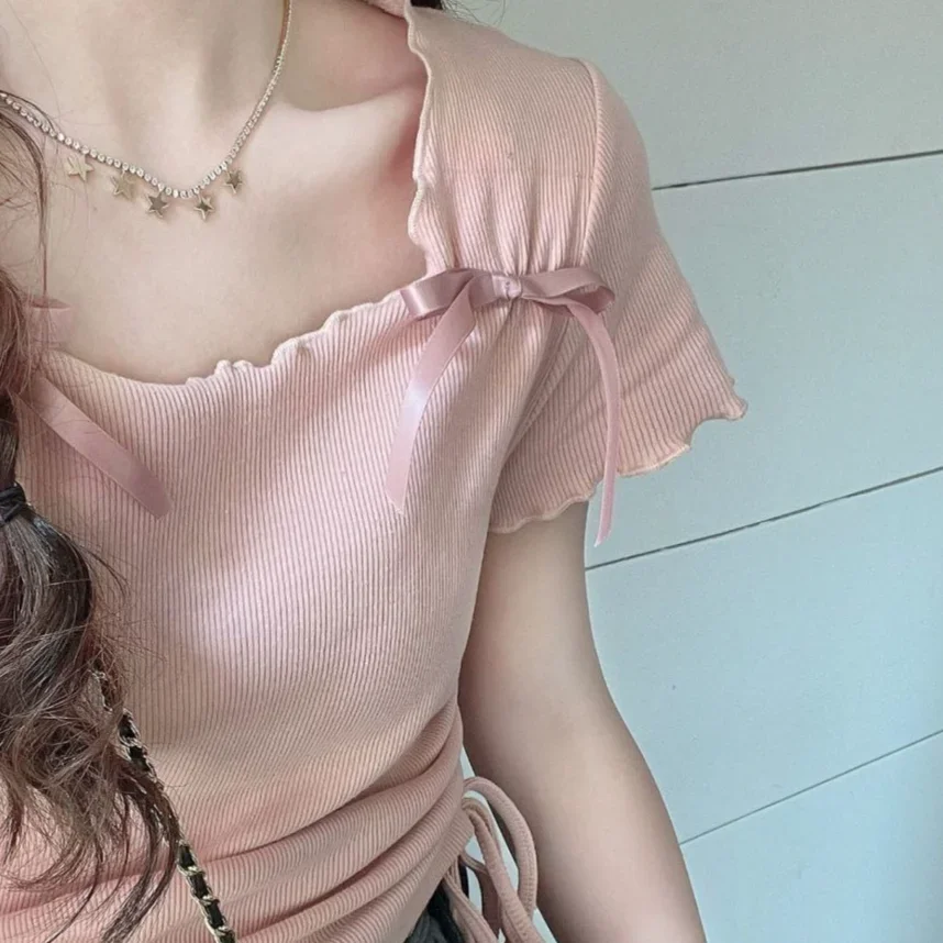 Женские футболки Y2k милые летние уютные тонкие гофрированные дизайнерские