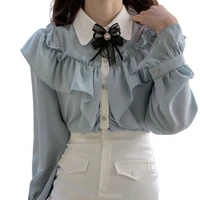 vintage ruffles lace bow tie ribbon blouse tops 2022new elegant work basic long sleeve single breasted button solid white shirts