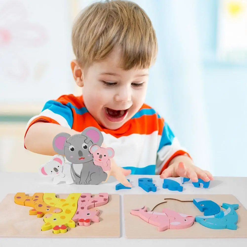 Wood Cartoon Animal Three-dimensional Block Puzzle Jigsaw Puzzle Wood Baby Toys For Children Baby