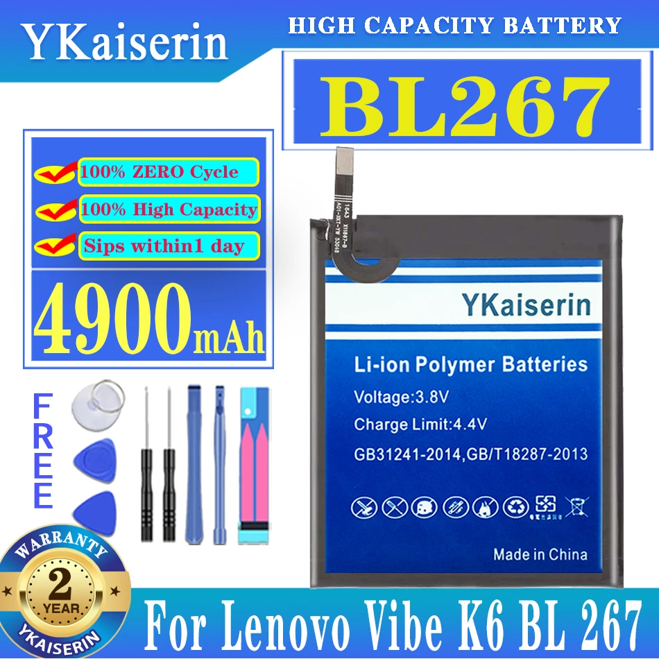 

Аккумуляторная батарея ykaisin BL267 BL 267 для Lenovo Vibe K6 K33A48, 4900 мАч, аккумуляторная батарея BL267 + Бесплатные инструменты