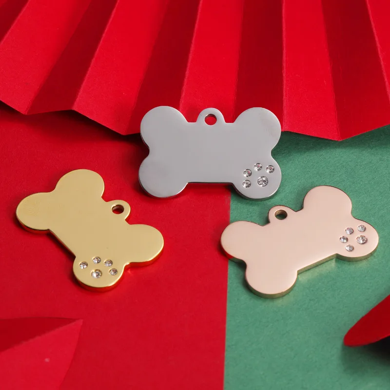 

10pcs/a Lot Stainless Steel Pet ID Tag Dog Bone Charms Metal Dog Bone Tag Charms With Zircon Pet Nameplate