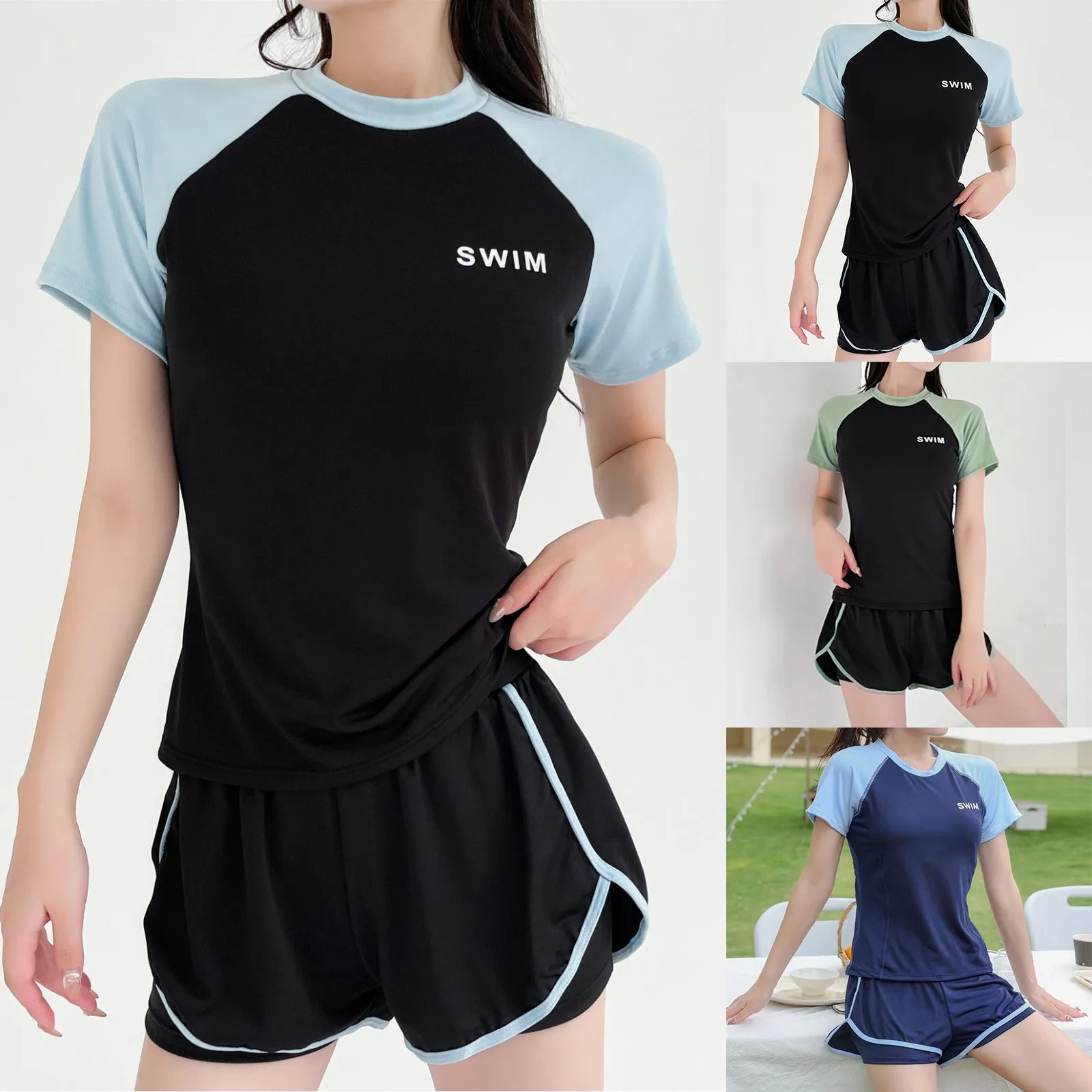 

Женский раздельный купальник, летний контрастный купальник с принтом и коротким рукавом, женские купальники с шортами, комплект одежды