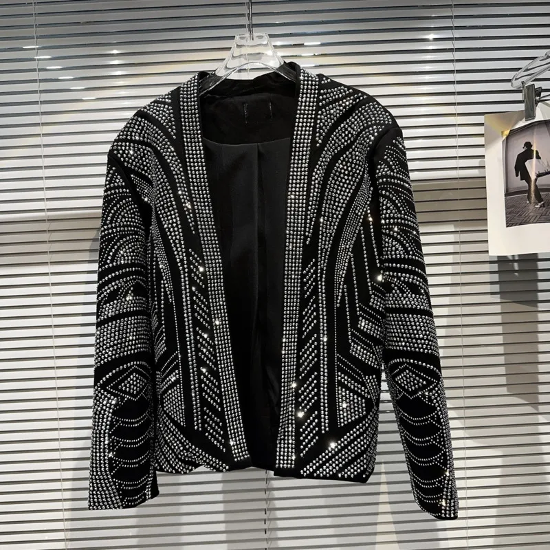 

BORVEMAYS Patchwork Diamonds Temperament Jacket V Neck Long Sleeve Banquet Coat 2023autumn New Trend Fashion WZ5099