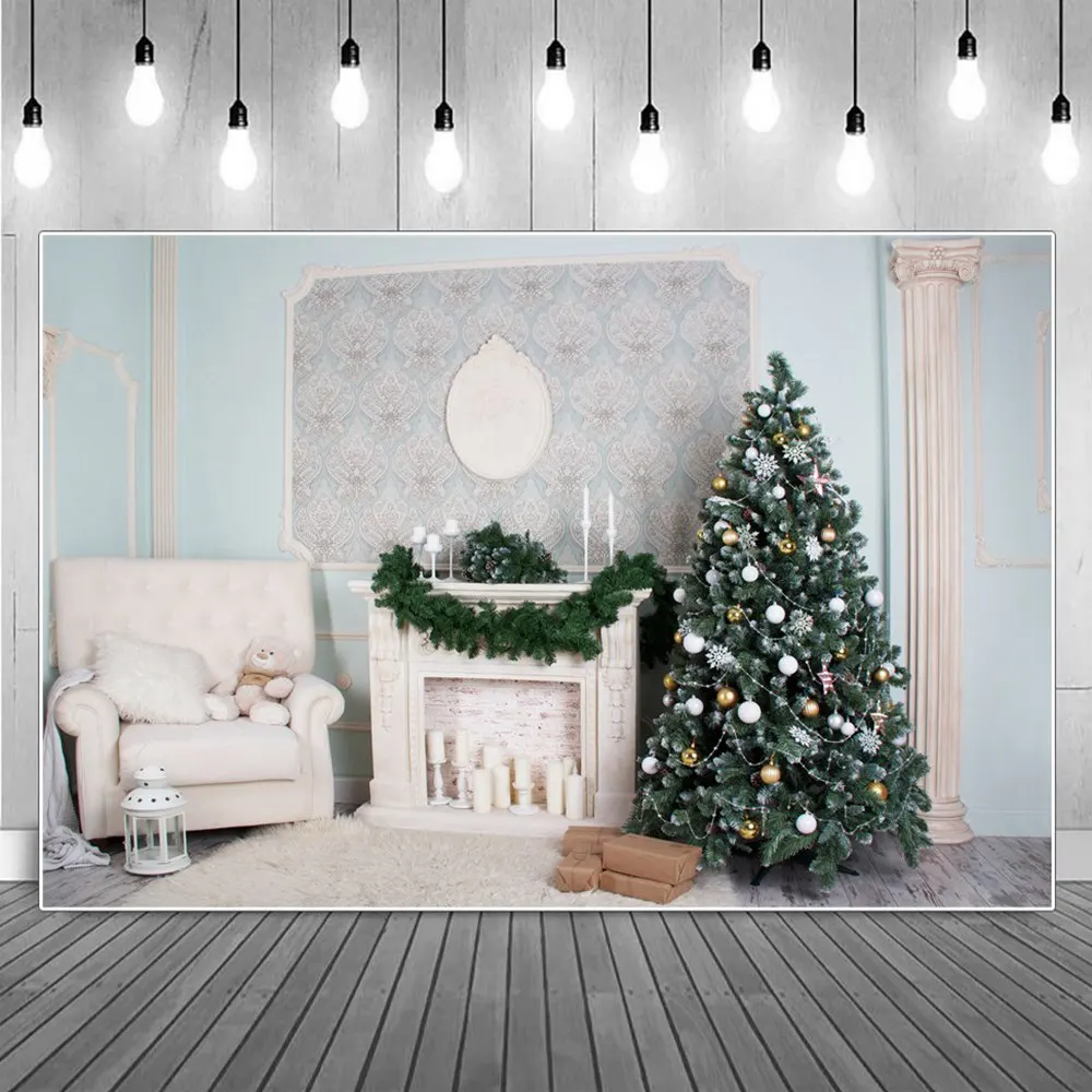 

Vintage Christmas Room Fireplace Chair Photography Backdrop Children Snowflake Trees Gifts Candles Home Studio Photo Backgrounds