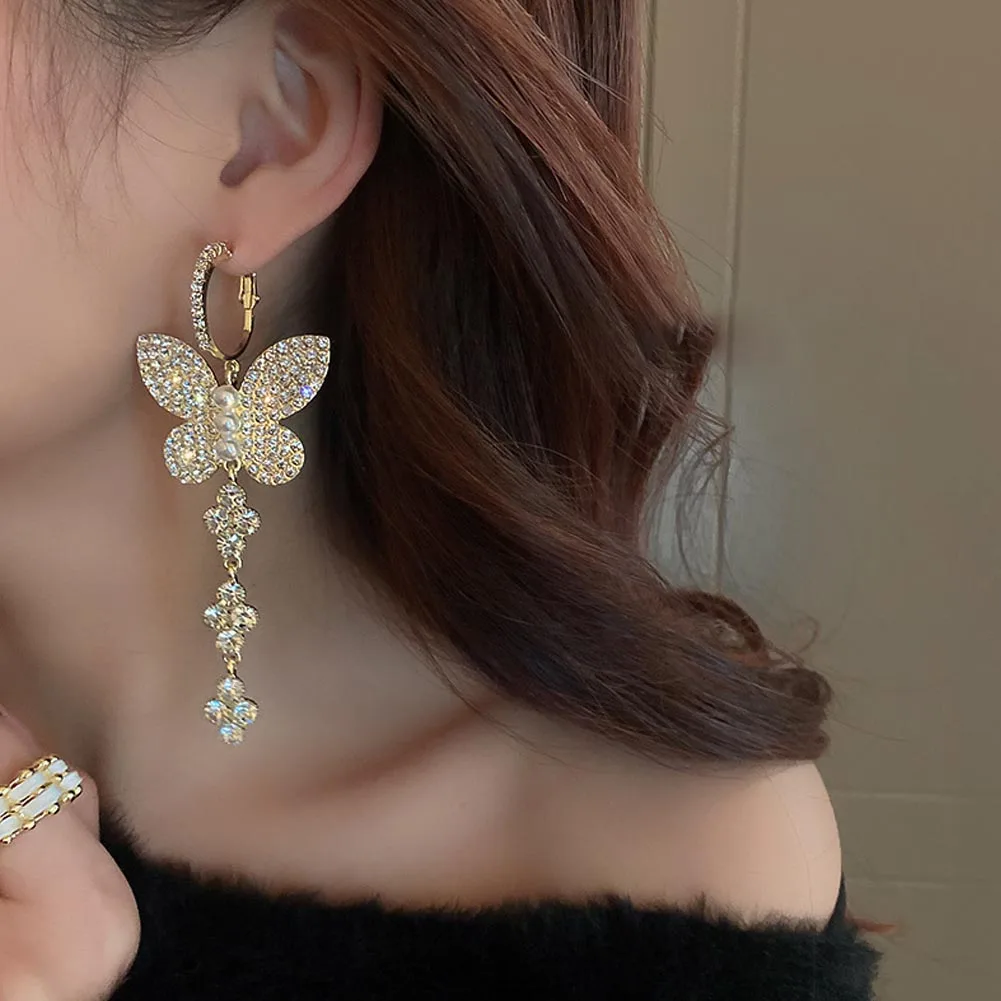 

Elegant Luxury Diamond Studded Butterfly Flower Pearl Earrings For Women Exaggerated Personality Korean Fashion Jewelry Gifts